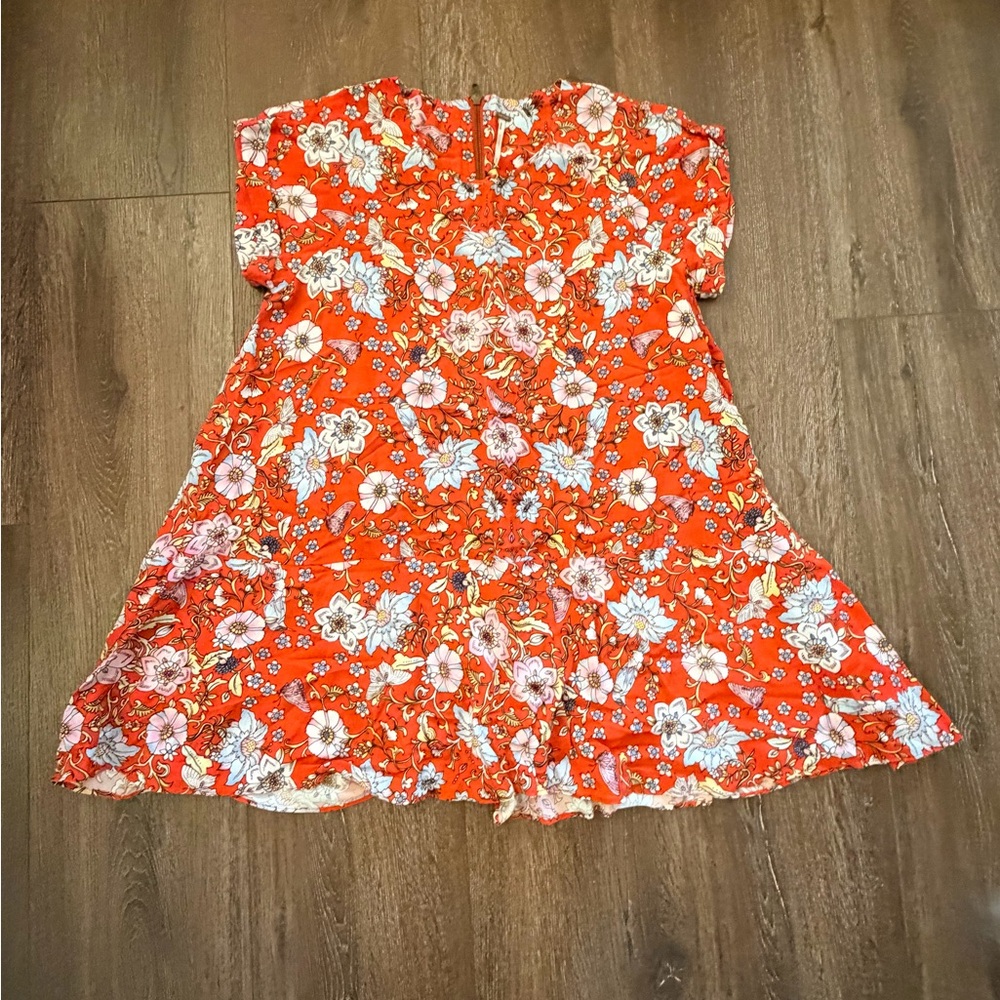 Free People Floral Mini Dress Medium Orange Boho Babydoll Short Sleeve